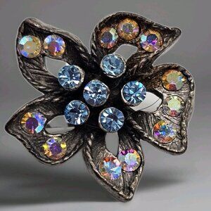 Vintage Rhinestone Flower Brooch Pin MCM Boho Retro